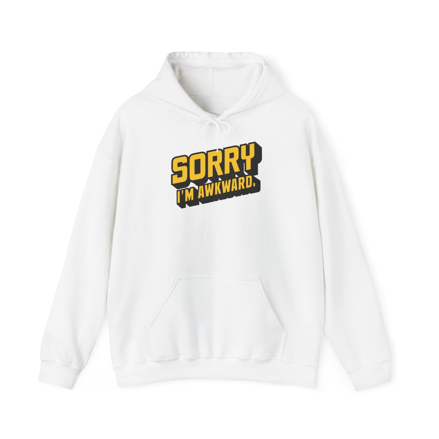Front view of a white hoodie featuring the text "Sorry I'm Awkward" in bold yellow and white lettering. Part of the Vivid Divergence Sensory Friendly Unisex Hoodie Range.