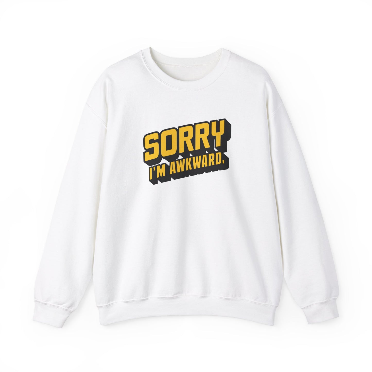 Front view of a white sweater jumper with the text "Sorry, I'm Awkward." in bold yellow lettering. Part of the Vivid Divergence Sensory Friendly Unisex Sweater Jumper Range.