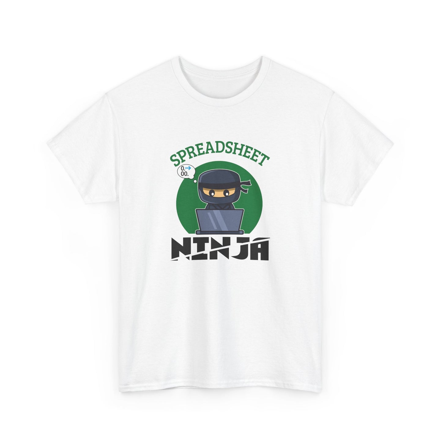 Front view of a white T-shirt featuring a "Spreadsheet Ninja" design with a ninja character and spreadsheet icon. Part of the Vivid Divergence Sensory Friendly Unisex Tees Range.