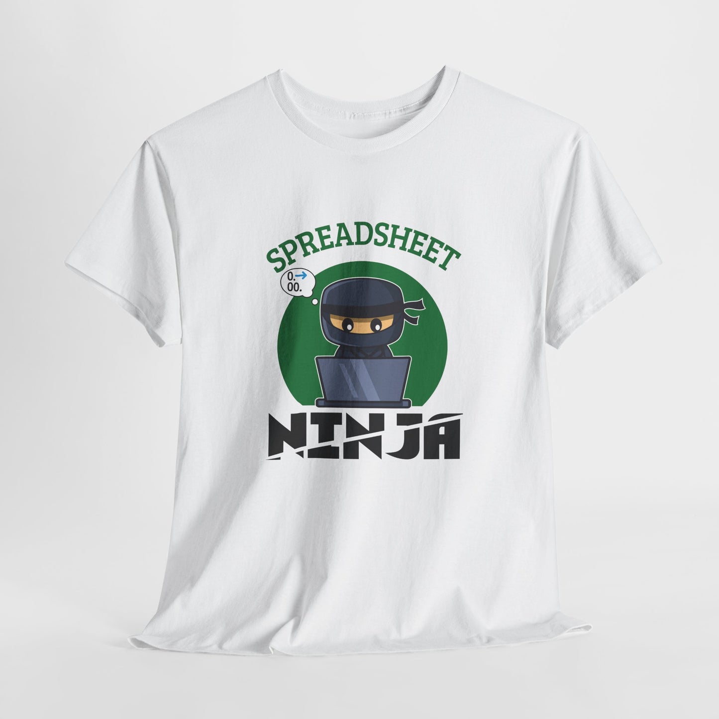 Hanging white T-shirt featuring a "Spreadsheet Ninja" design with a ninja character and spreadsheet icon. Part of the Vivid Divergence Sensory Friendly Unisex Tees Range.