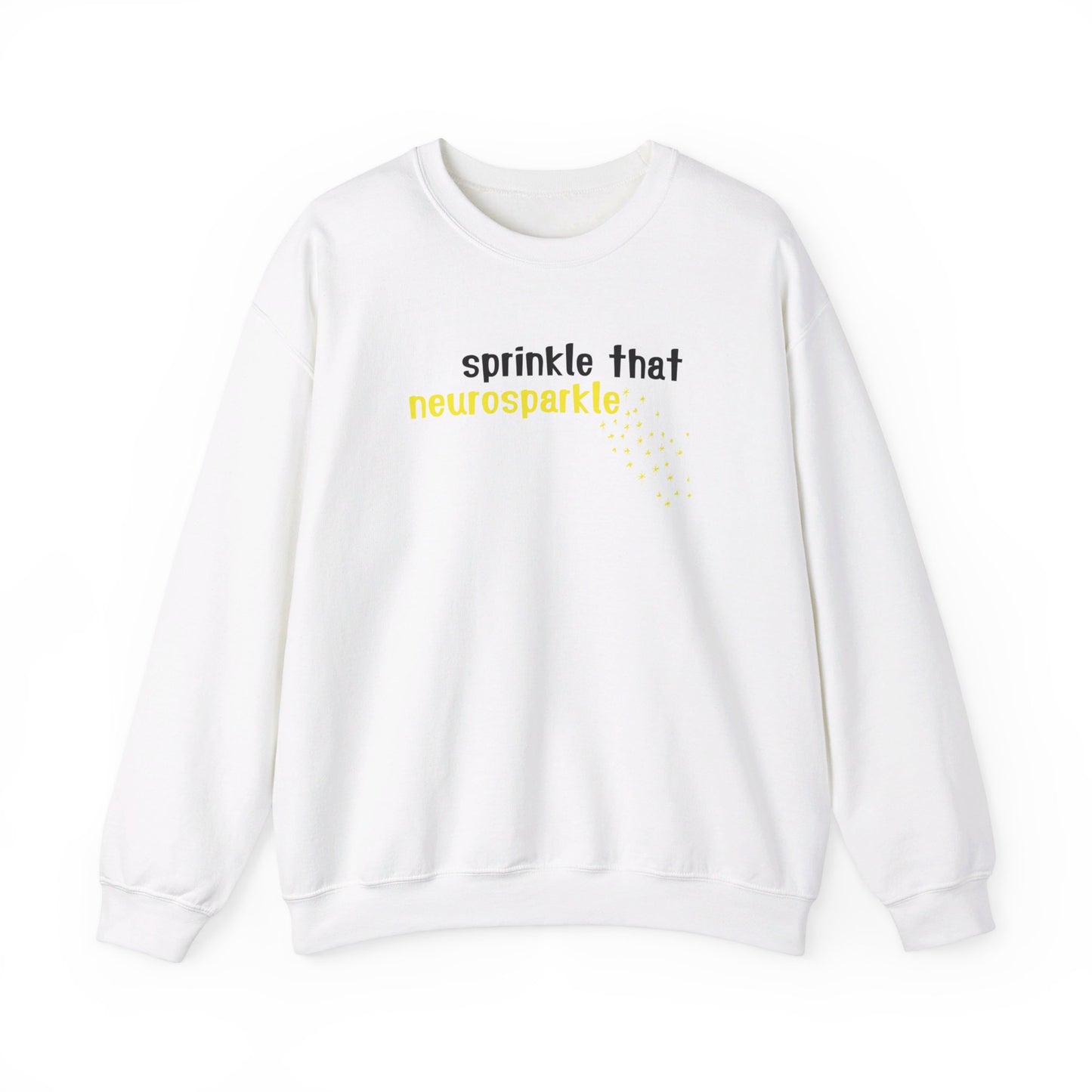 Front view of a white sweater jumper with the text "Sprinkle That Neurosparkle" in yellow and white lettering, surrounded by sparkling star graphics. Part of the Vivid Divergence Sensory Friendly Unisex Sweater Jumper Range.