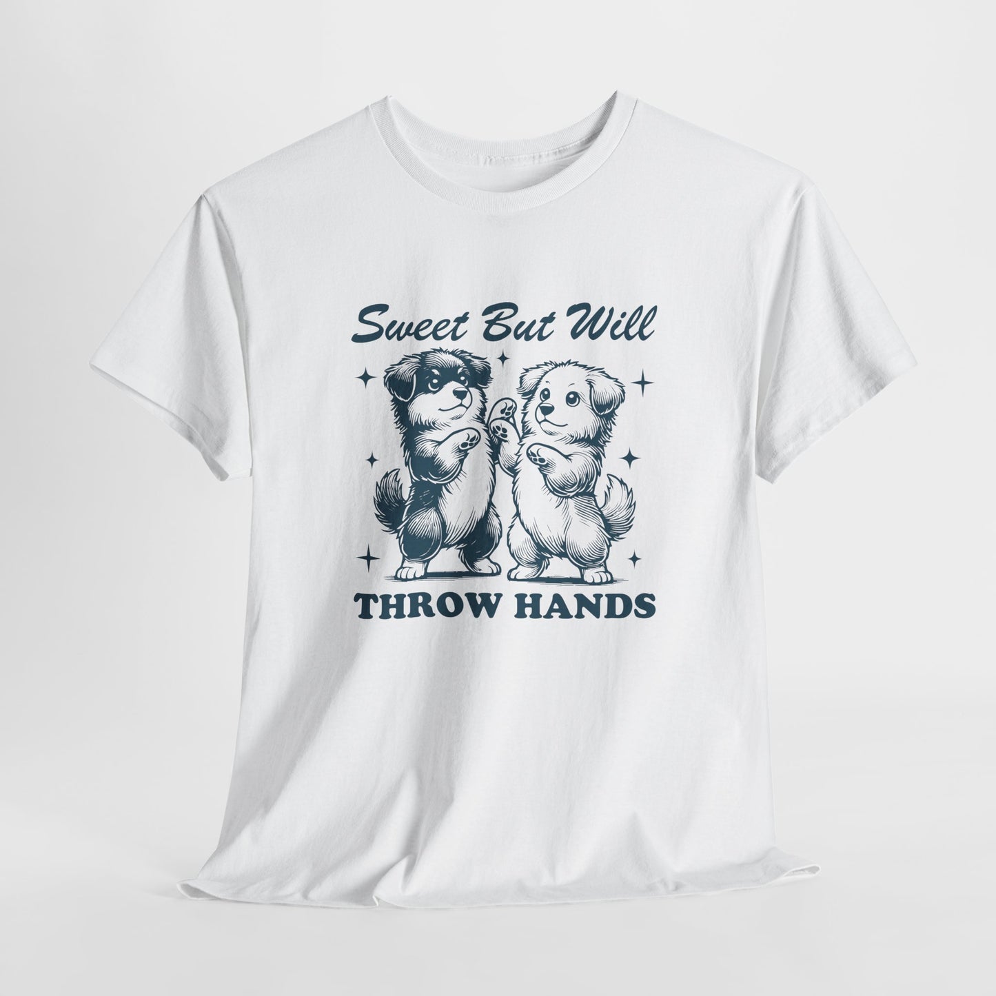 Hanging white T-shirt featuring "Sweet But Will Throw Hands" text with two dogs in navy blue-tone design. Part of the Vivid Divergence Sensory Friendly Unisex Tees Range.