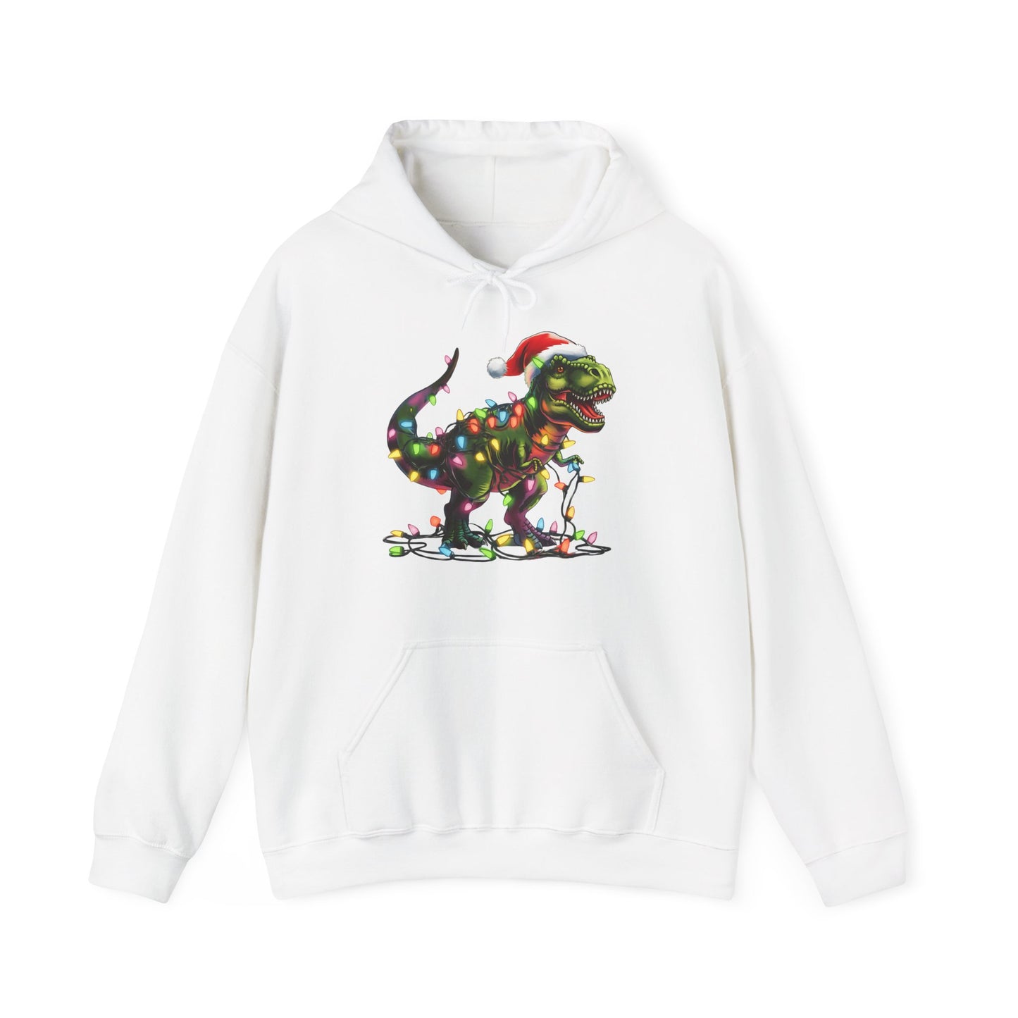 White hoodie featuring a festive T-Rex tangled in Christmas lights, wearing a Santa hat. Part of the Vivid Divergence Sensory Friendly Hoodie Range.