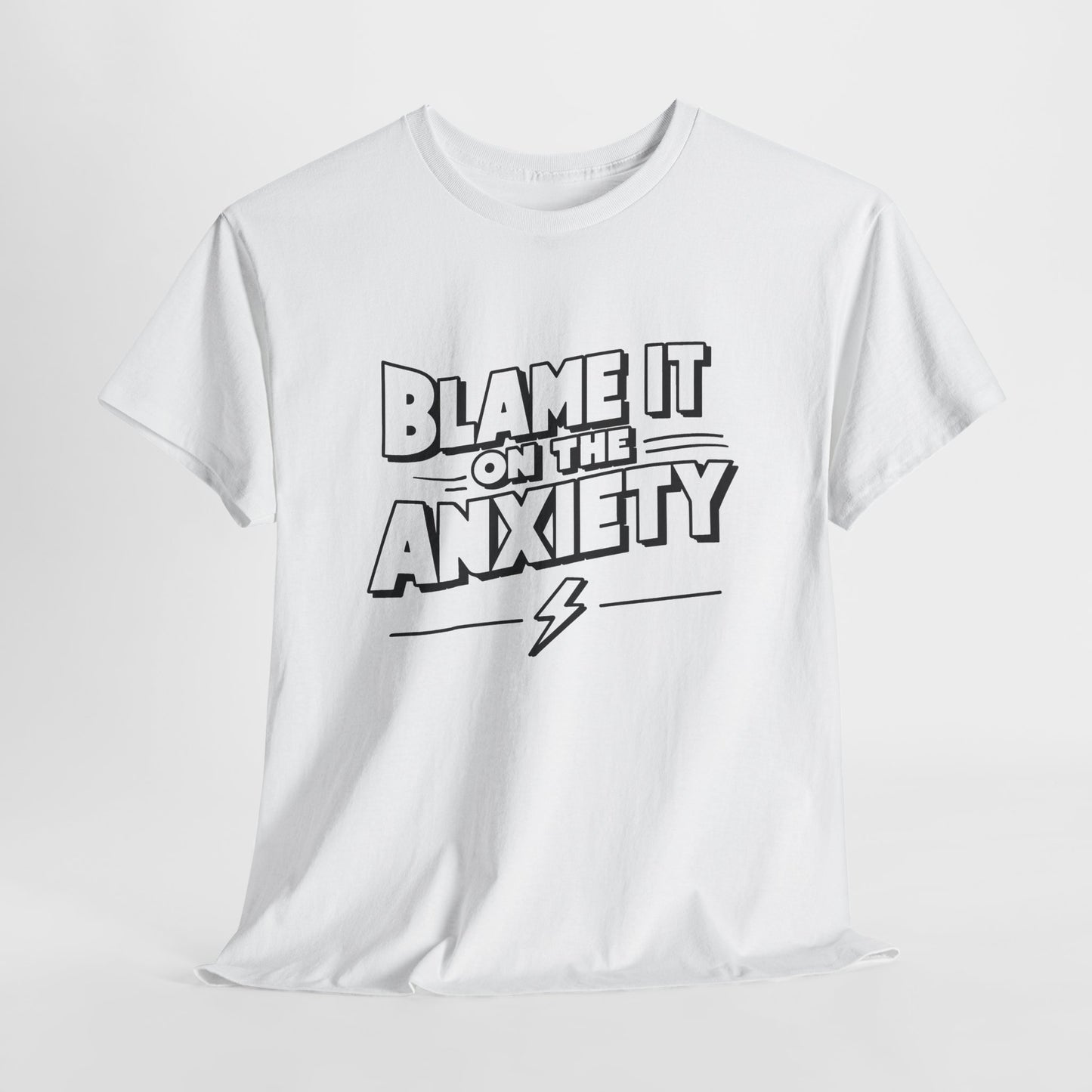 Front view of a white T-shirt with the text "Blame It on the Anxiety" in bold lettering. Part of the Vivid Divergence Sensory Friendly Unisex Tees Range.