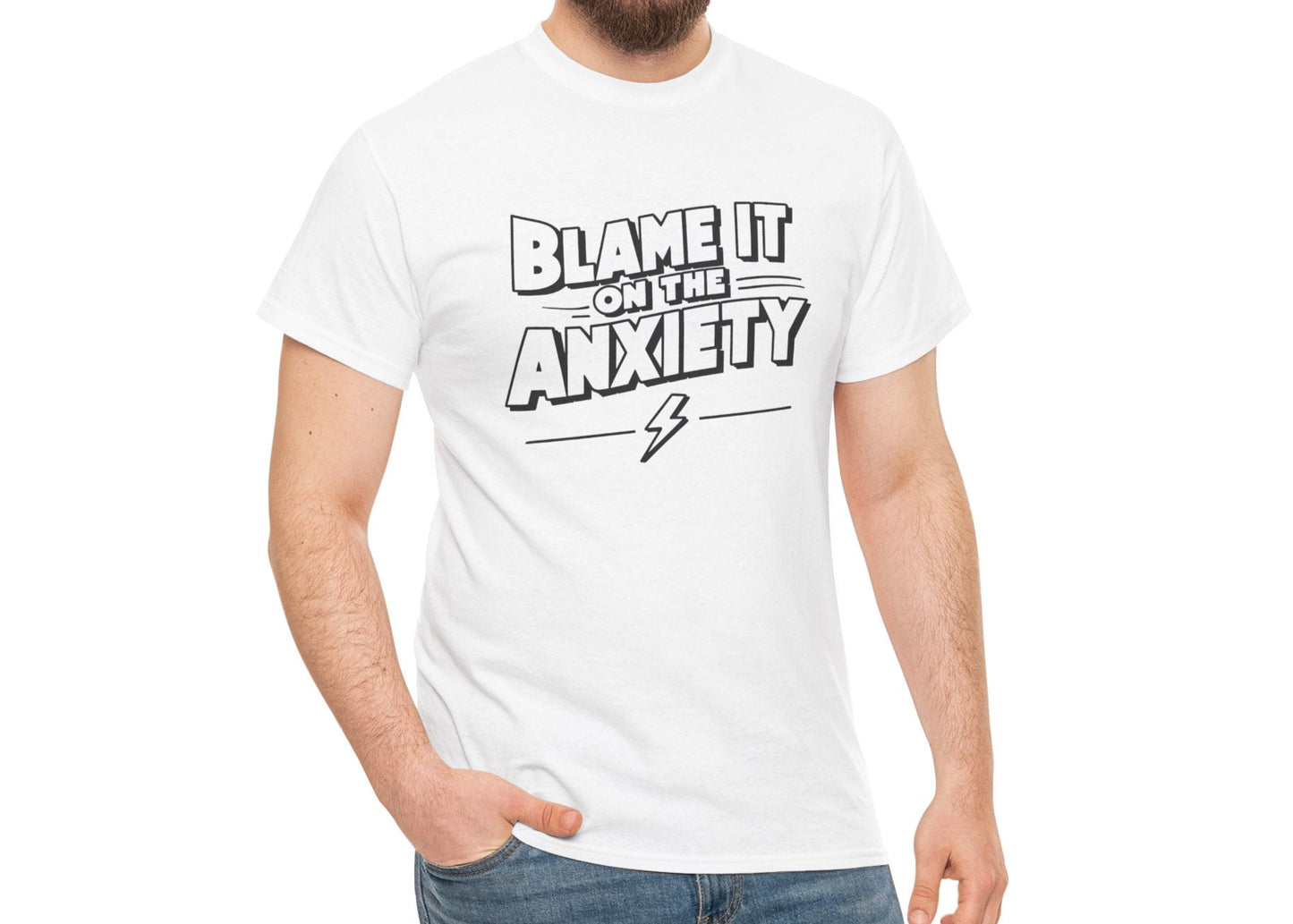 Close-up of a white T-shirt with "Blame It on the Anxiety" text worn by a model. Part of the Vivid Divergence Sensory Friendly Unisex Tees Range.