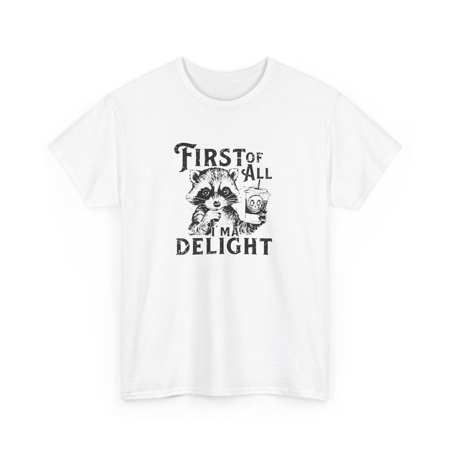 Front view of a white T-shirt with "First of All Delight" text and graphic design. Part of the Vivid Divergence Sensory Friendly Unisex Tees Range