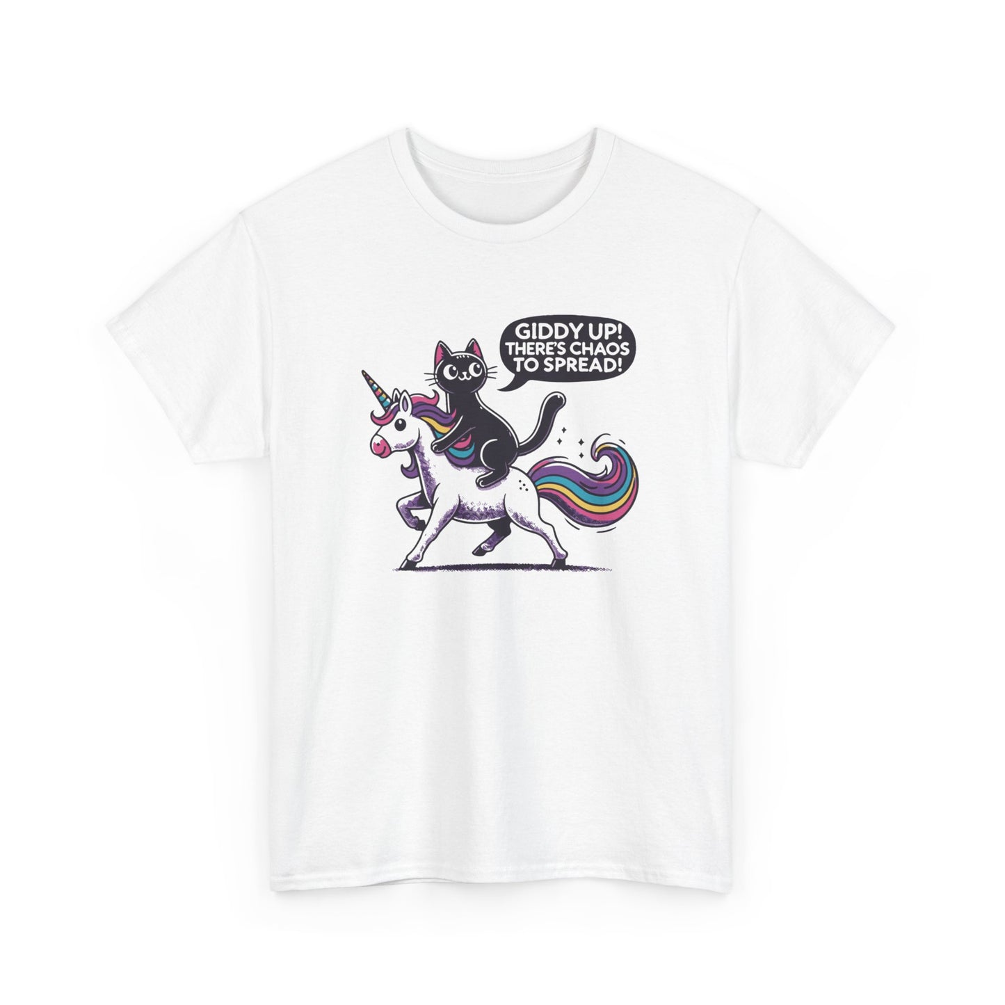 Front view of a white T-shirt featuring a black cat riding a unicorn with the text "Giddy Up, There's Chaos to Spread." Part of the Vivid Divergence Sensory Friendly Unisex Tees Range.
