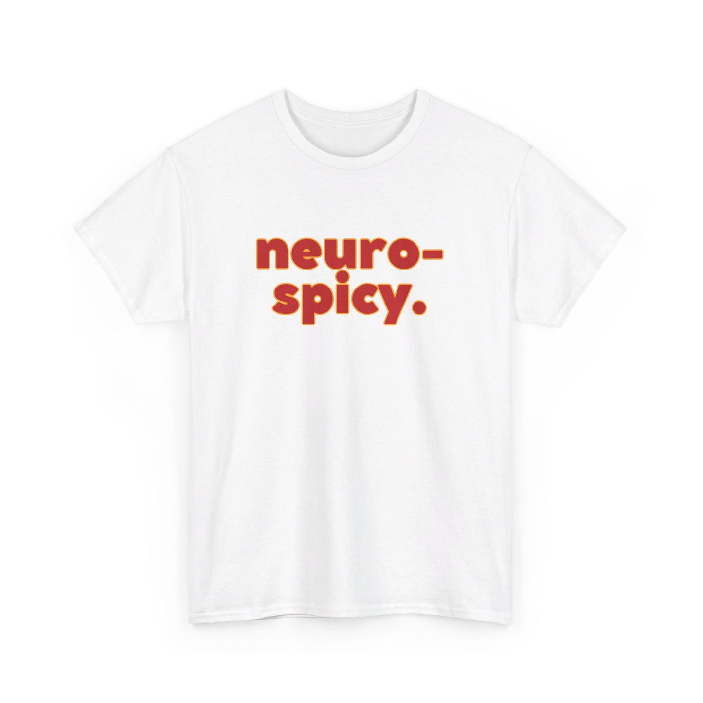 Front view of a white T-shirt with the text "Neuro-Spicy" in retro-style lettering. Part of the Vivid Divergence Sensory Friendly Unisex Tees Range.