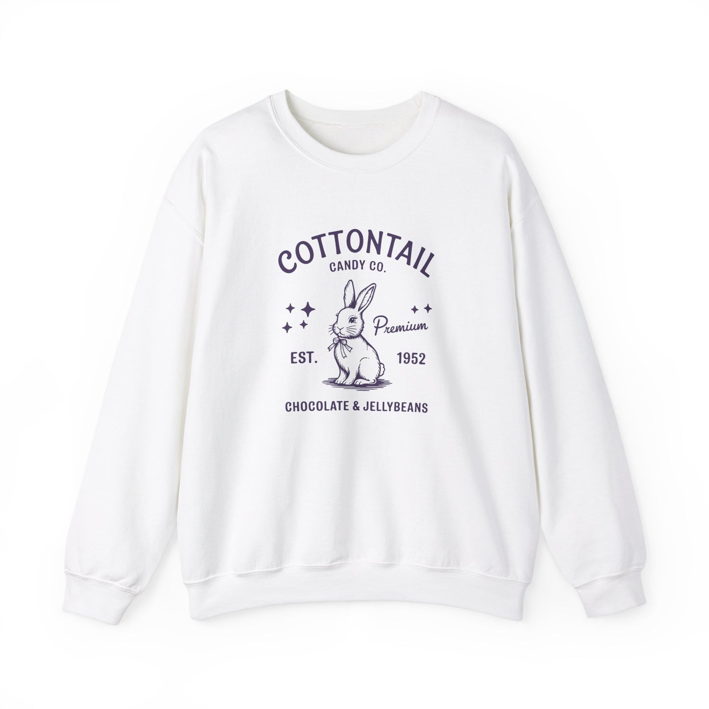 Front view of white sweater jumper with vintage Cottontail Candy Co Easter design. Part of the Vivid Divergence Sensory Friendly Unisex Sweater Jumper Range.