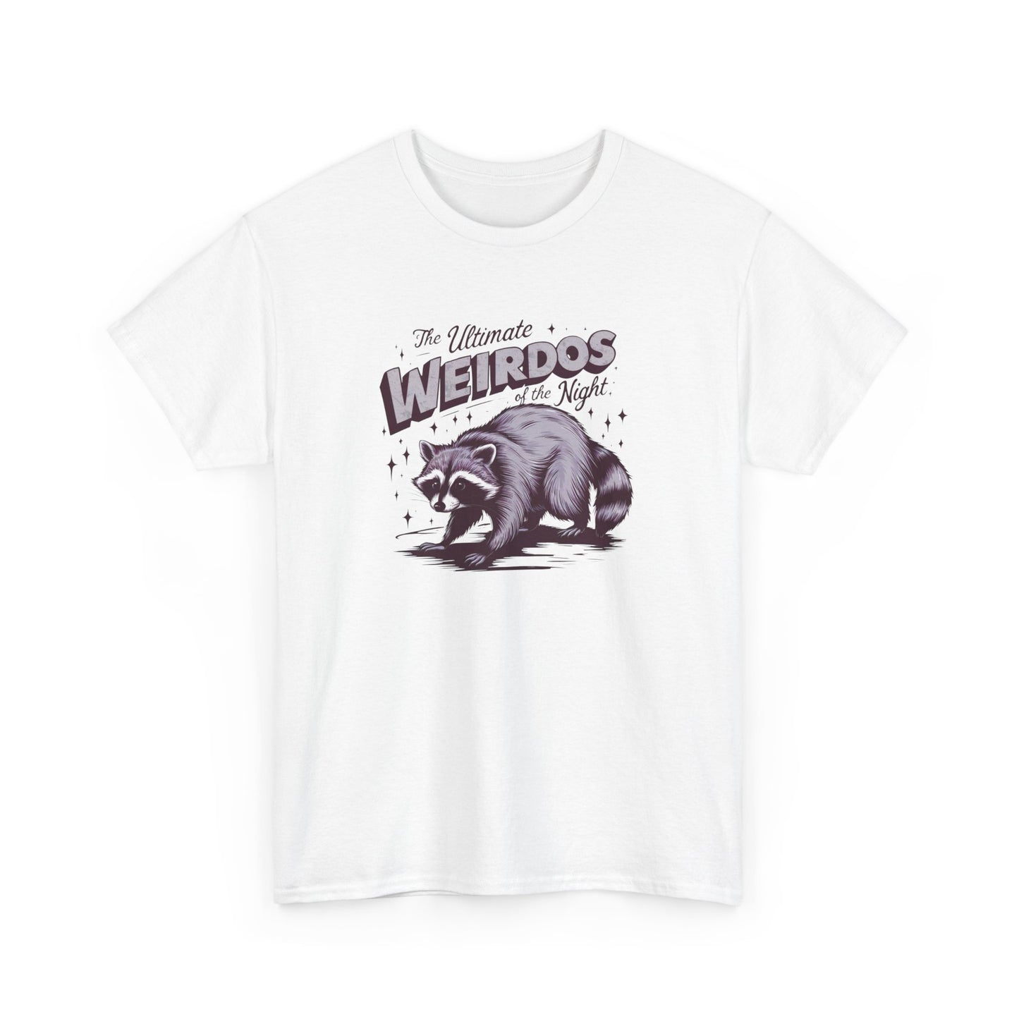 Front view of a white T-shirt with "Weirdos of the Night" and an illustrated raccoon graphic in bold purple and black text. Part of the Vivid Divergence Sensory Friendly Unisex Tees Range.