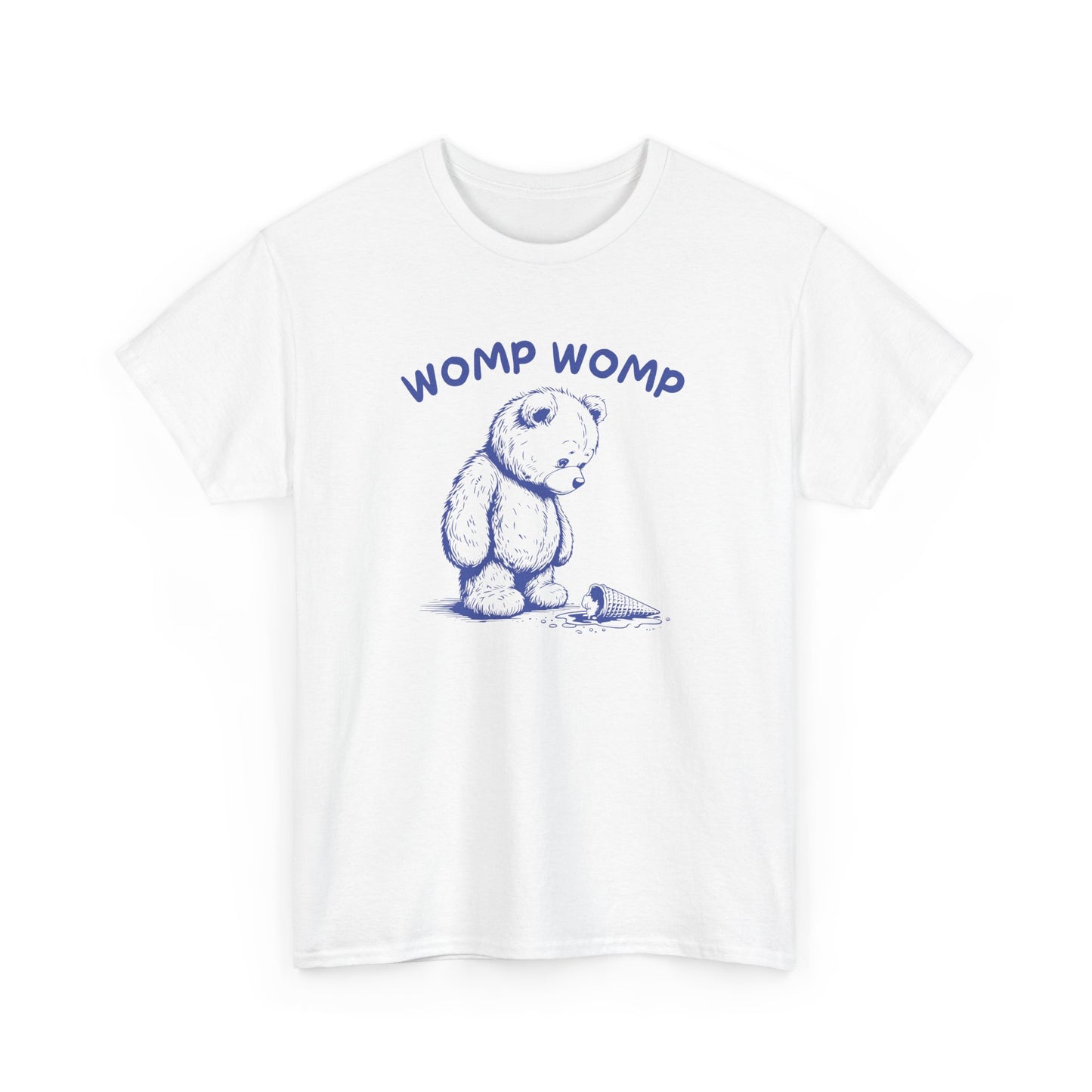 Front view of a white T-shirt featuring "Womp Womp" text with a sad bear looking at a dropped ice cream cone in blue-tone design. Part of the Vivid Divergence Sensory Friendly Unisex Tees Range.