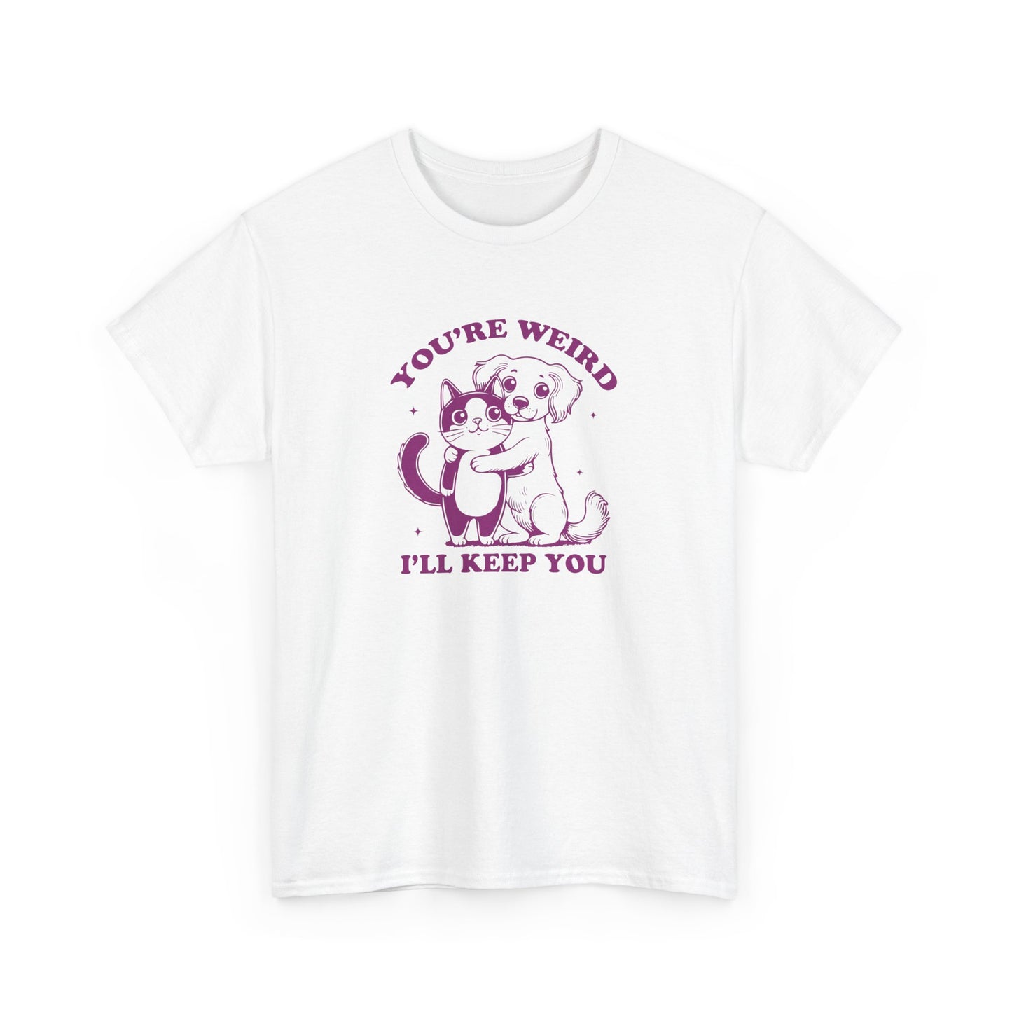 Front view of a white T-shirt with a "You're Weird, I'll Keep You" design featuring a dog hugging a cat in purple. Part of the Vivid Divergence Sensory Friendly Unisex Tees Range