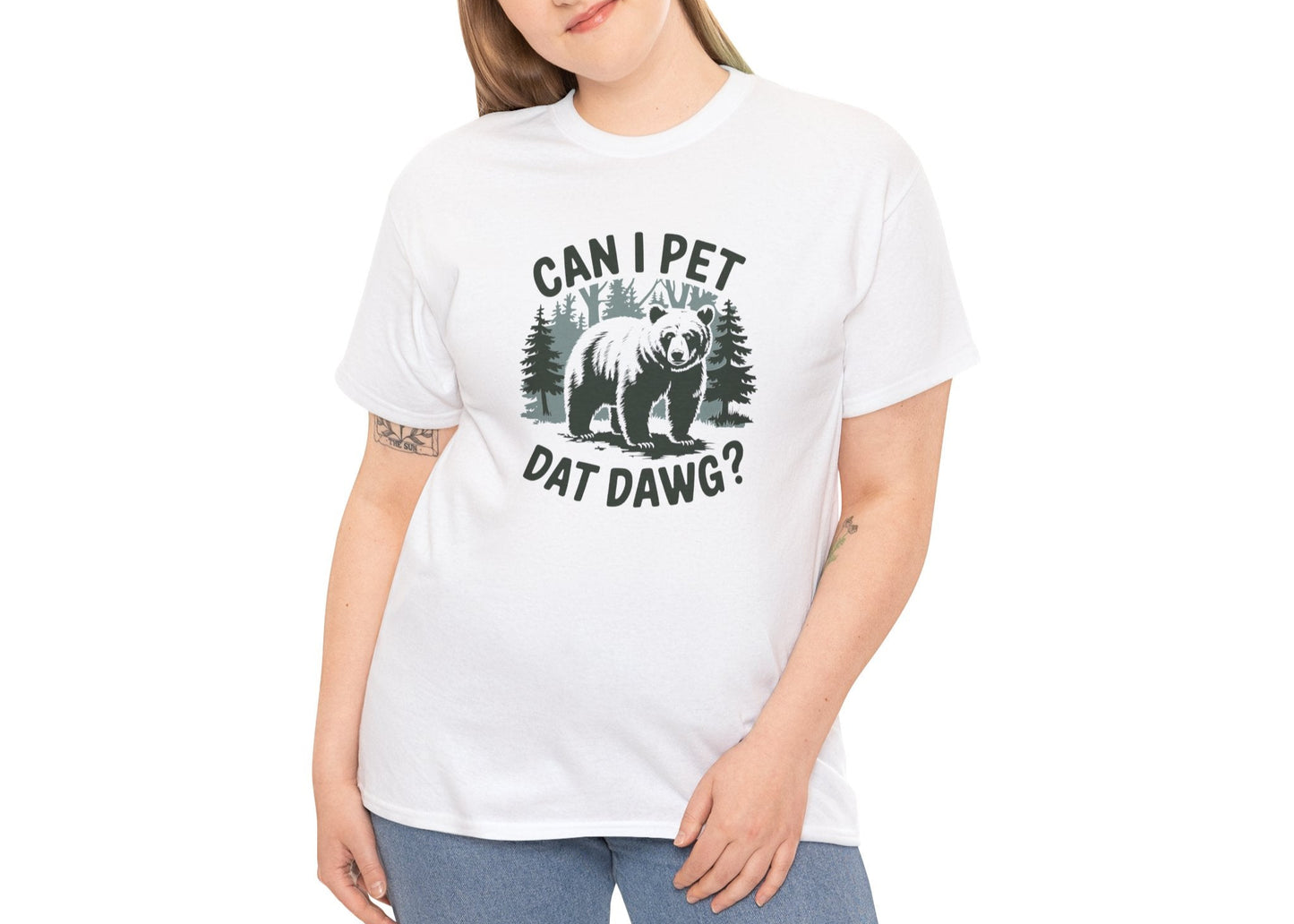 Woman in jeans smiling while wearing the “Can I Pet Dat Dawg?” T-shirt. Equal parts friendly and chaotic energy. Part of the Vivid Divergence Memewear Collection!