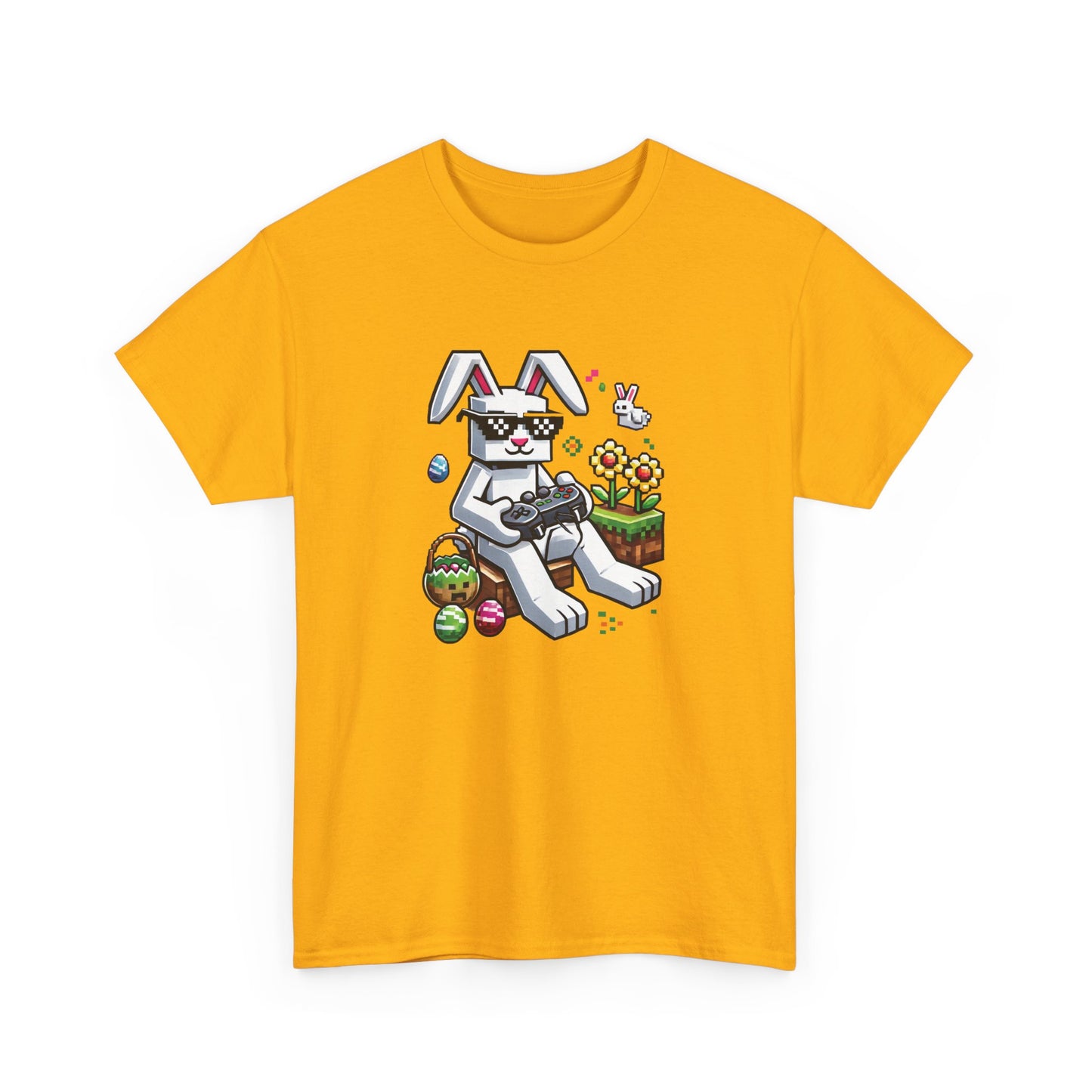 Yellow Easter T-shirt with a fun Minecraft-style bunny and pixel eggs, a bold and bright Easter fashion statement. Hop into the season in style and shop Easter shirts online today!