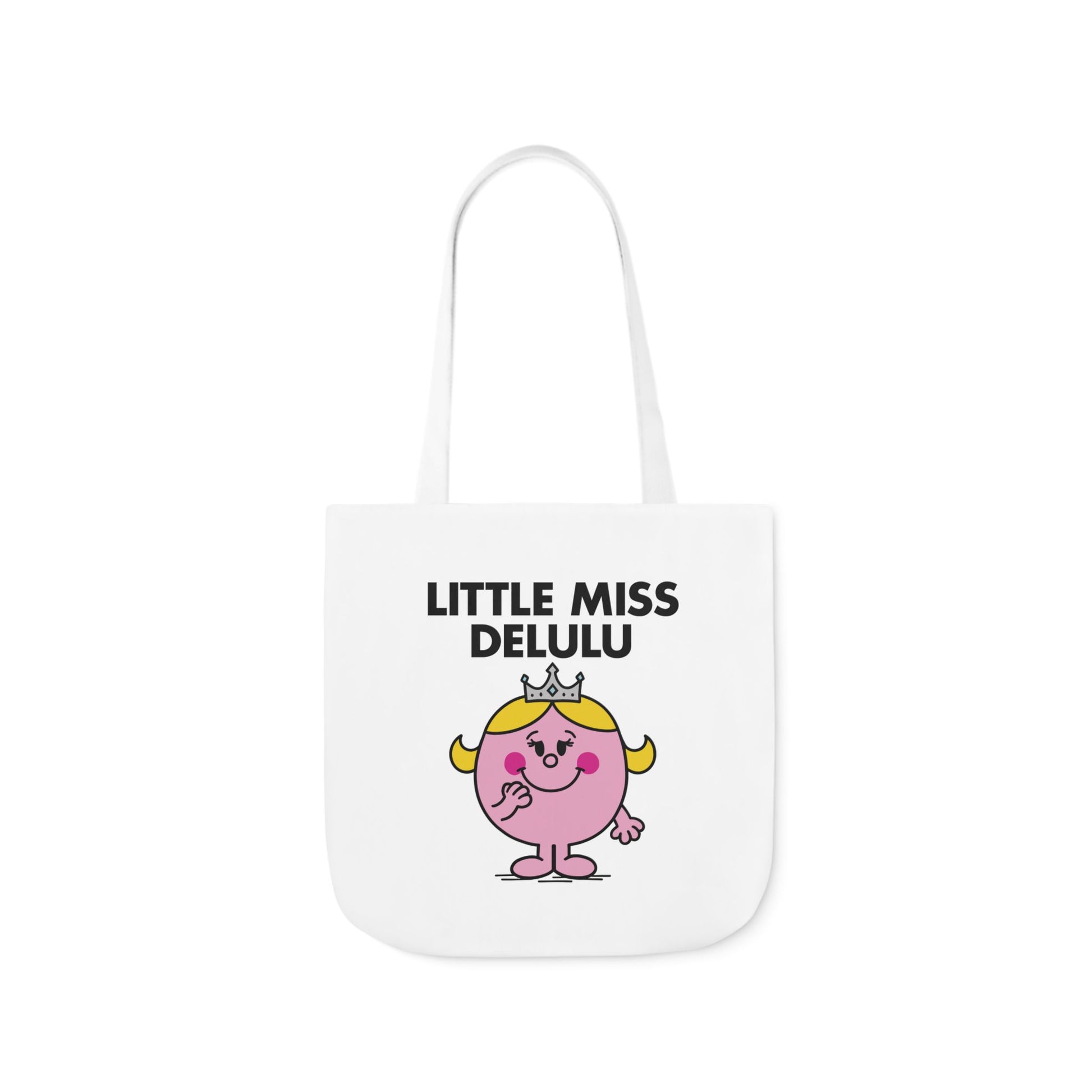 Front view of white canvas tote bag featuring pink character with arms outstretched, flirty eyes, and dreamy smile beneath the text "Little Miss Delulu." She really thought that look meant something. Part of the Vivid Divergence Little Miss Meme Collection!
