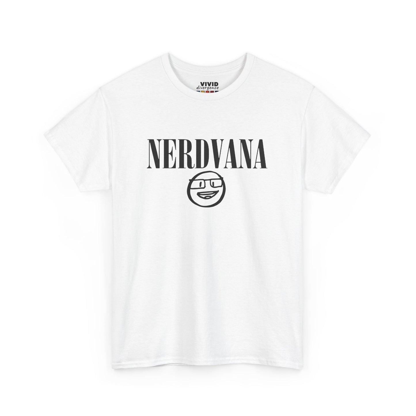 Front view of white T-shirt with bold black text reading “NERDVANA” above a circular parody logo combining geek symbols and grunge vibes. For fans of riffs and references. Part of the Vivid Divergence Memewear Collection!
