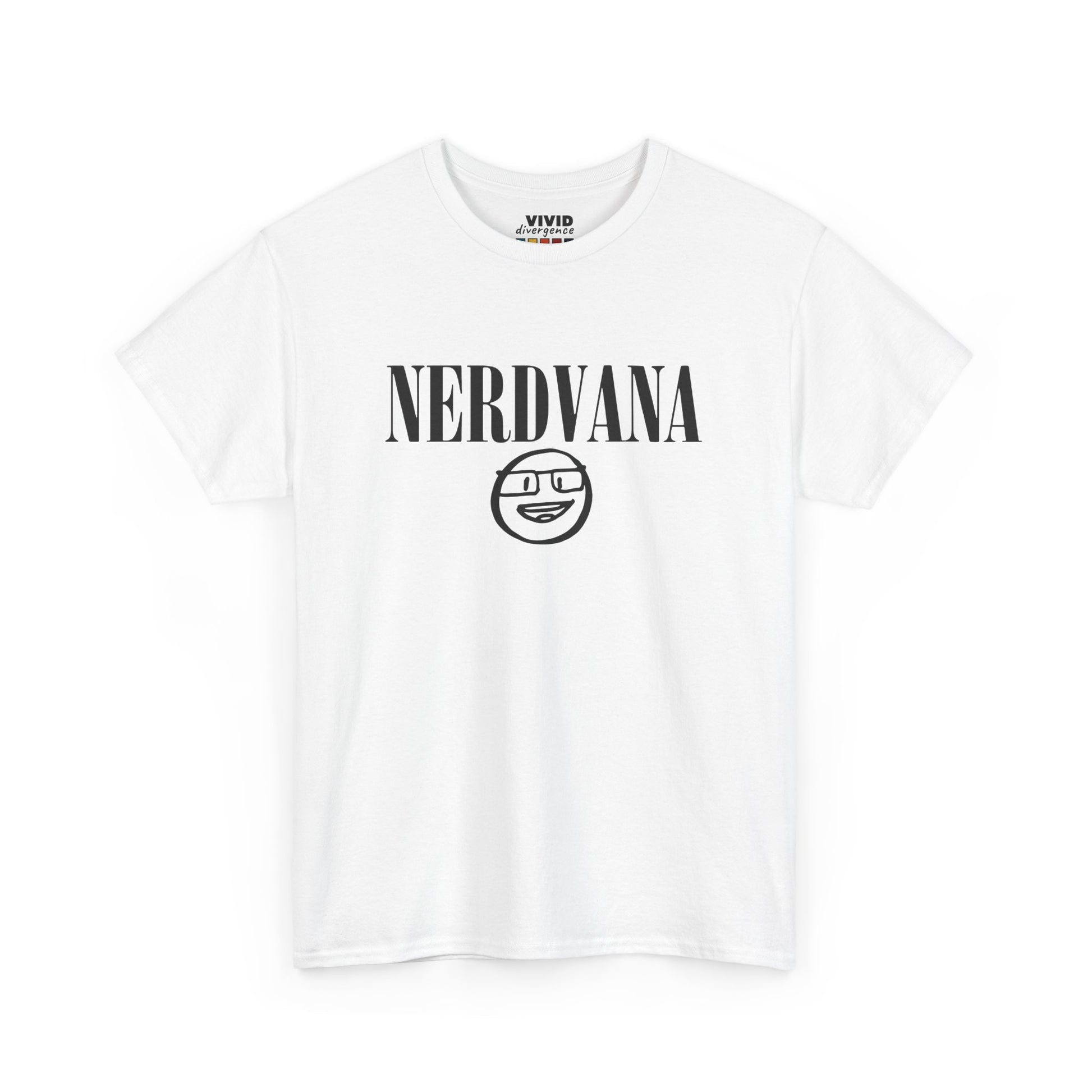 Front view of white T-shirt with bold black text reading “NERDVANA” above a circular parody logo combining geek symbols and grunge vibes. For fans of riffs and references. Part of the Vivid Divergence Memewear Collection!
