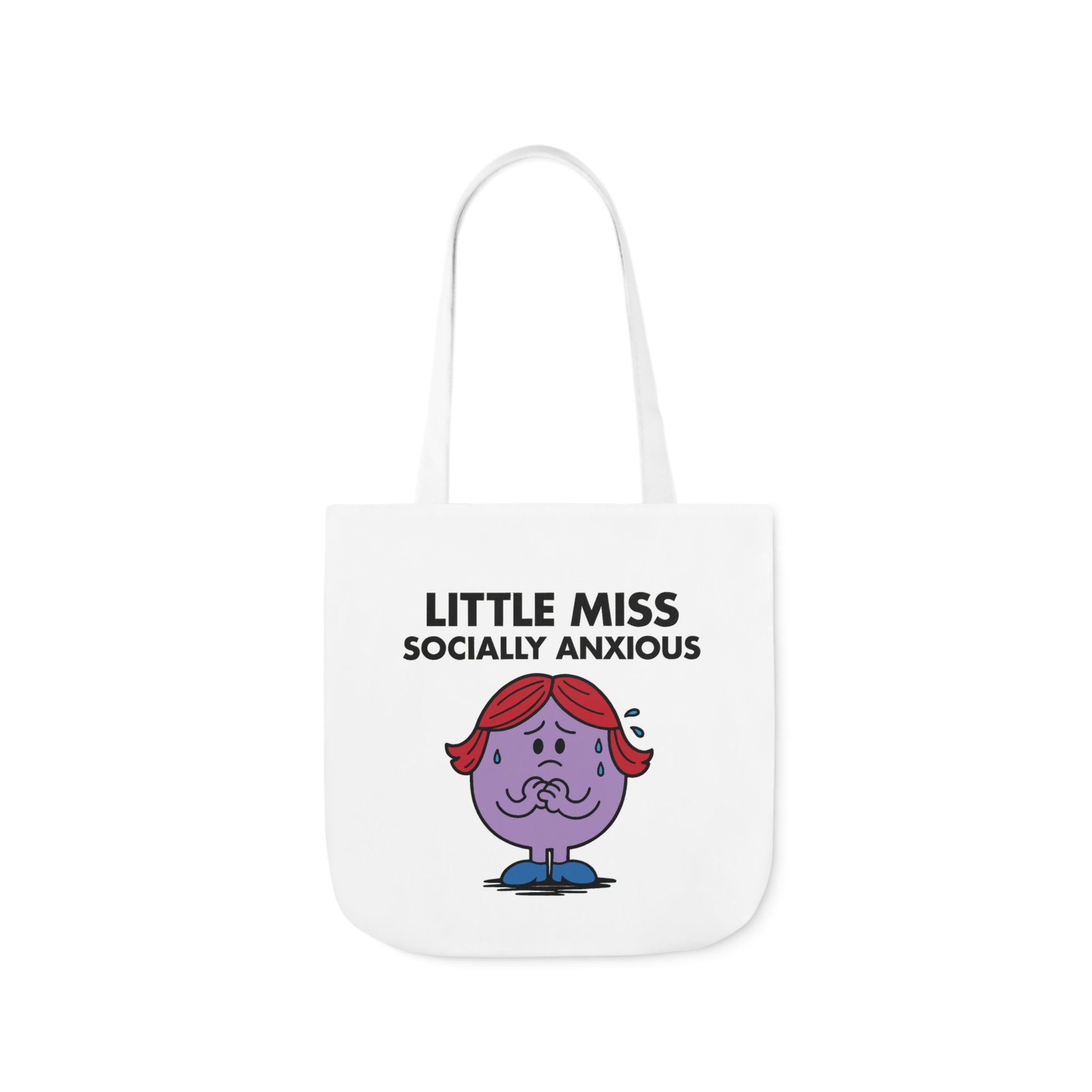 Straight-on view of tote bag showing Little Miss Socially Anxious quietly bracing herself for small talk. Please don’t make her call anyone. Part of the Vivid Divergence Little Miss Meme Collection!
