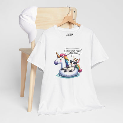 White meme T-shirt draped over a chair showing goat in unicorn floatie graphic and playful phrase. For your most ungovernable moods. Part of the Vivid Divergence Memewear Collection!
