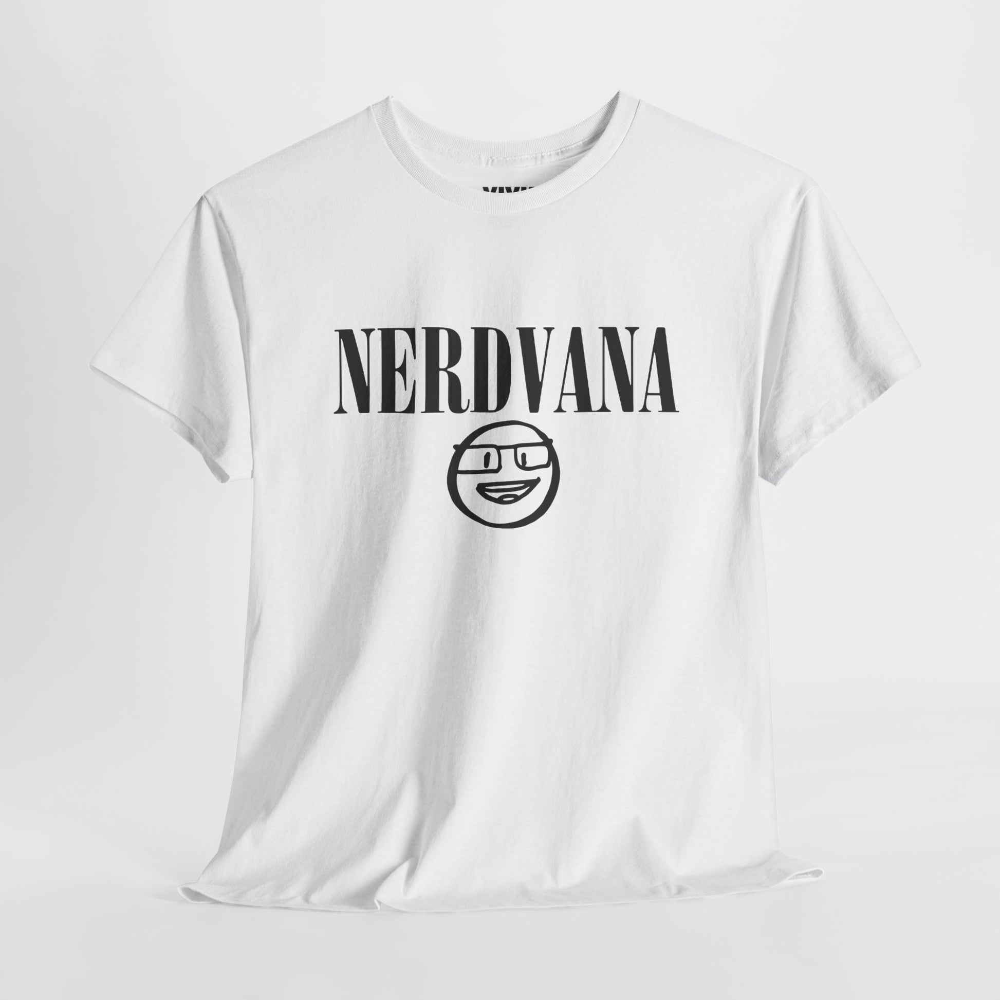 Hanging view of white T-shirt with bold black text reading “NERDVANA” above a circular parody logo combining geek symbols and grunge vibes. For fans of riffs and references. Part of the Vivid Divergence Memewear Collection!
