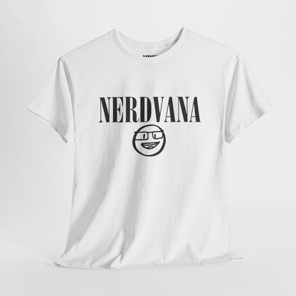 Hanging view of white T-shirt with bold black text reading “NERDVANA” above a circular parody logo combining geek symbols and grunge vibes. For fans of riffs and references. Part of the Vivid Divergence Memewear Collection!
