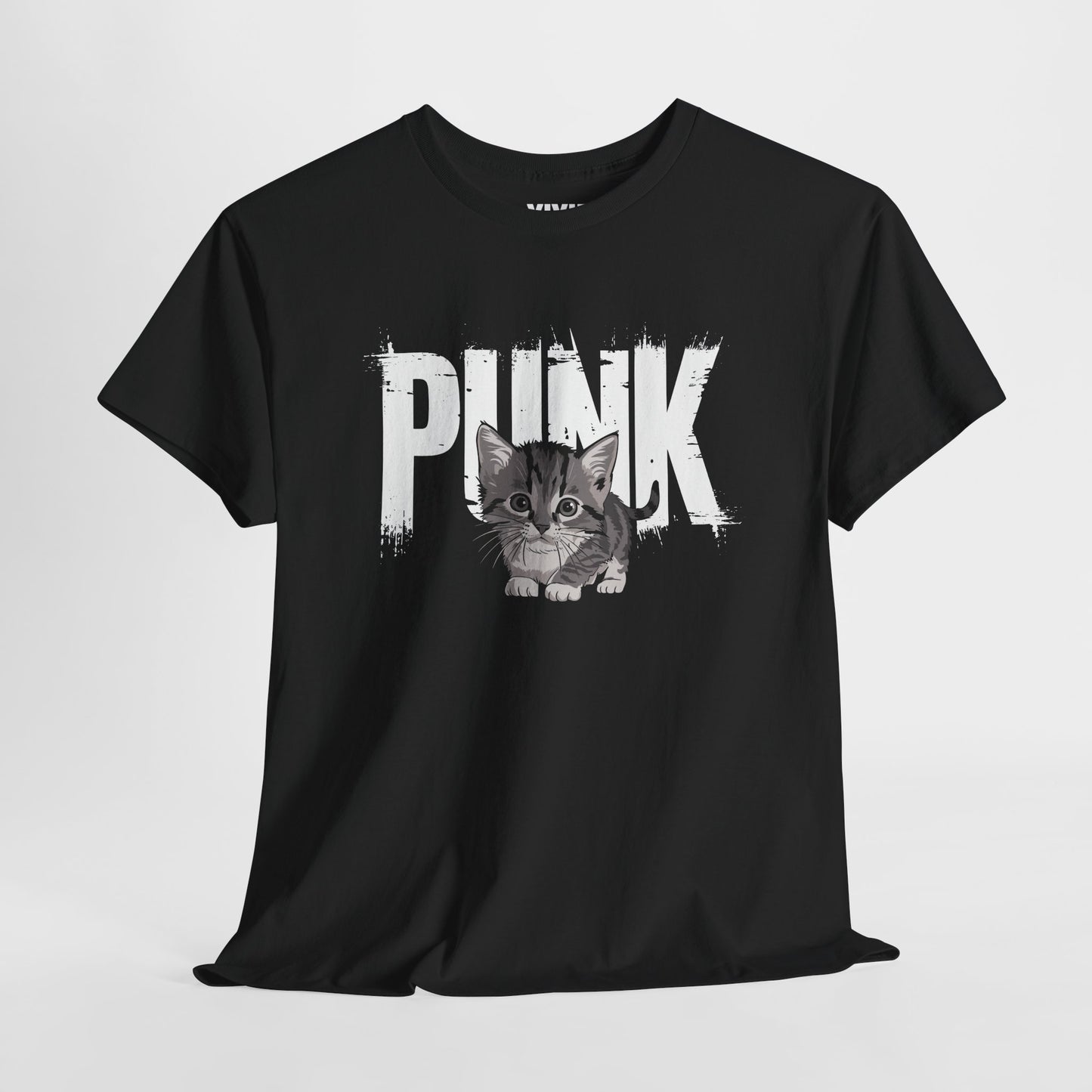Angled view of black meme T-shirt with punk kitten graphic and bold “PUNK” lettering. Tiny cat, big attitude. Part of the Vivid Divergence Memewear Collection!
