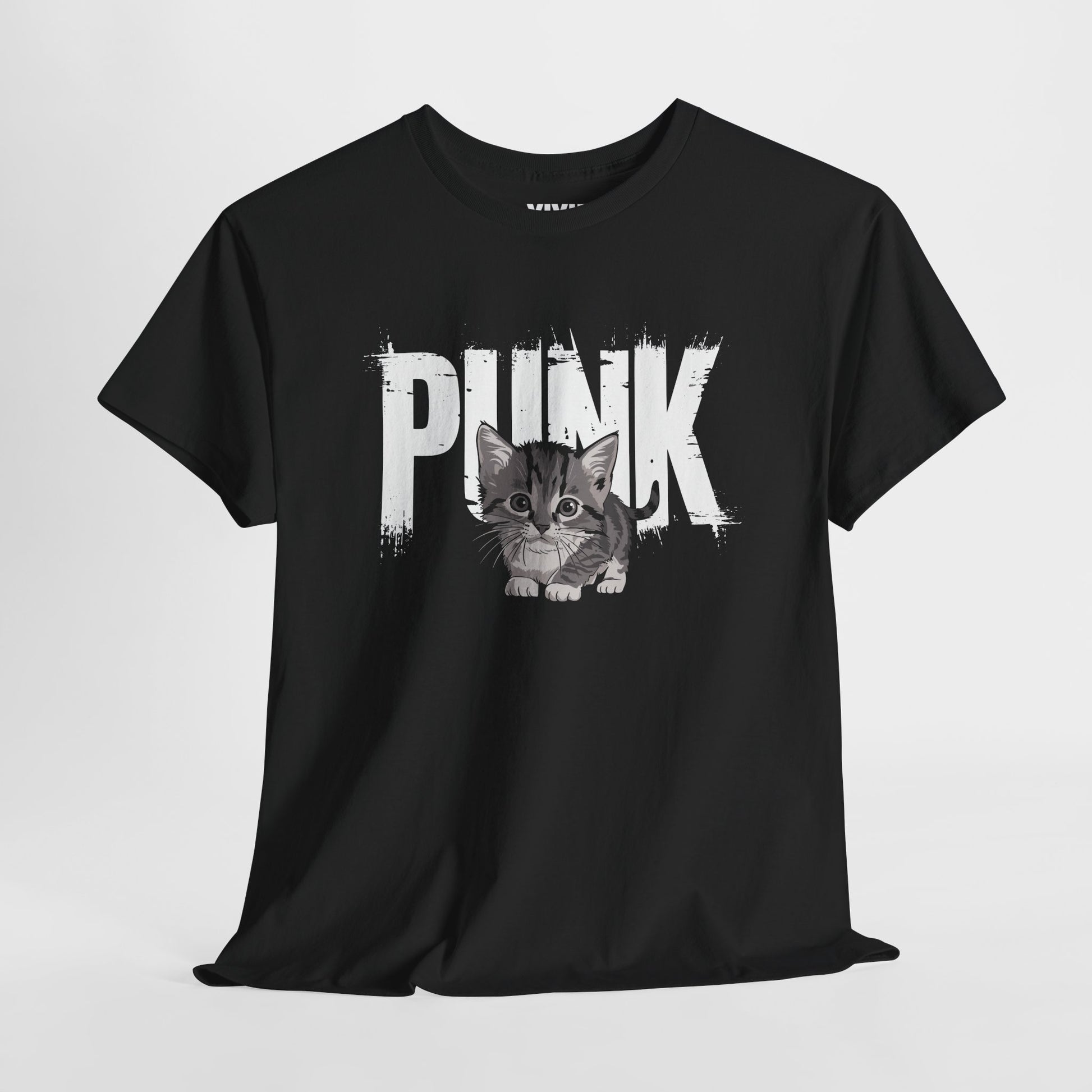 Angled view of black meme T-shirt with punk kitten graphic and bold “PUNK” lettering. Tiny cat, big attitude. Part of the Vivid Divergence Memewear Collection!
