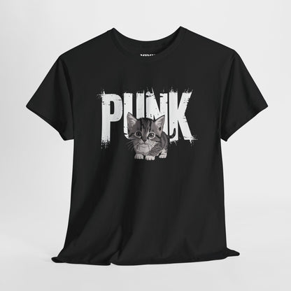 Angled view of black meme T-shirt with punk kitten graphic and bold “PUNK” lettering. Tiny cat, big attitude. Part of the Vivid Divergence Memewear Collection!
