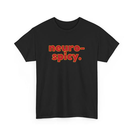 Black T-Shirt with Neurospicy written in red writing with yellow outline. Great gift idea. Part of the Vivid Divergence Range. Celebrate your Neurodivergence, ADHD, Autism, Dyslexia and all others with this Tee. Perfect unique gift idea for your loved one or yourself.