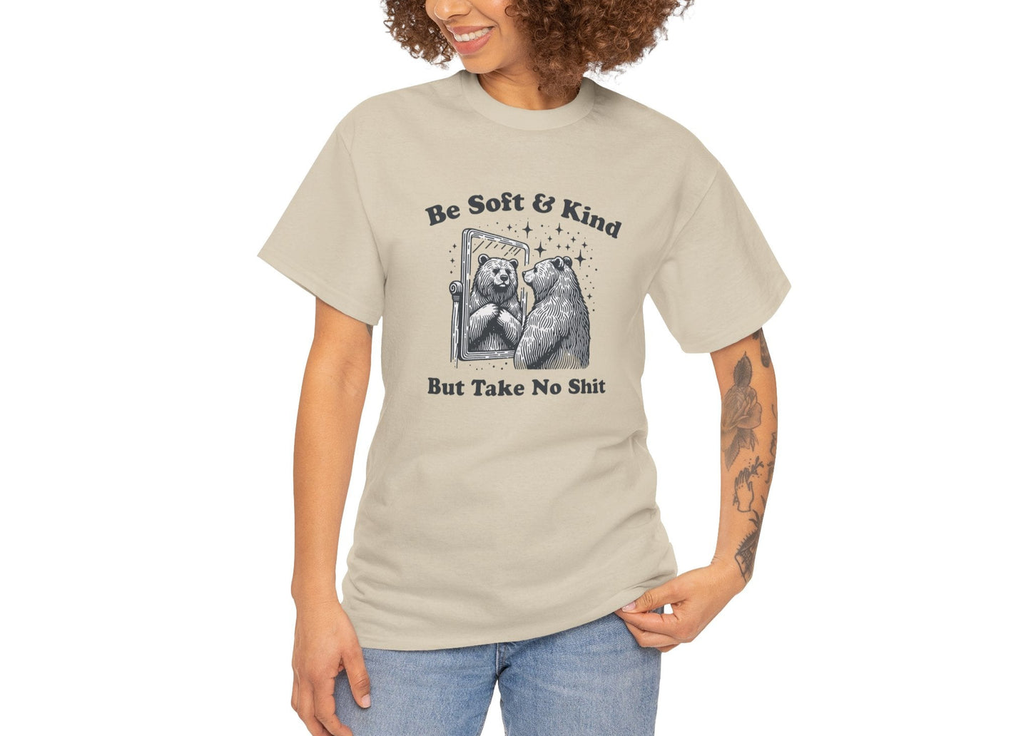 Woman modeling beige bear meme shirt with relaxed fit and casual confidence. Protecting her peace and her snacks. Part of the Vivid Divergence Memewear Collection!
