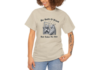 Woman modeling beige bear meme shirt with relaxed fit and casual confidence. Protecting her peace and her snacks. Part of the Vivid Divergence Memewear Collection!

