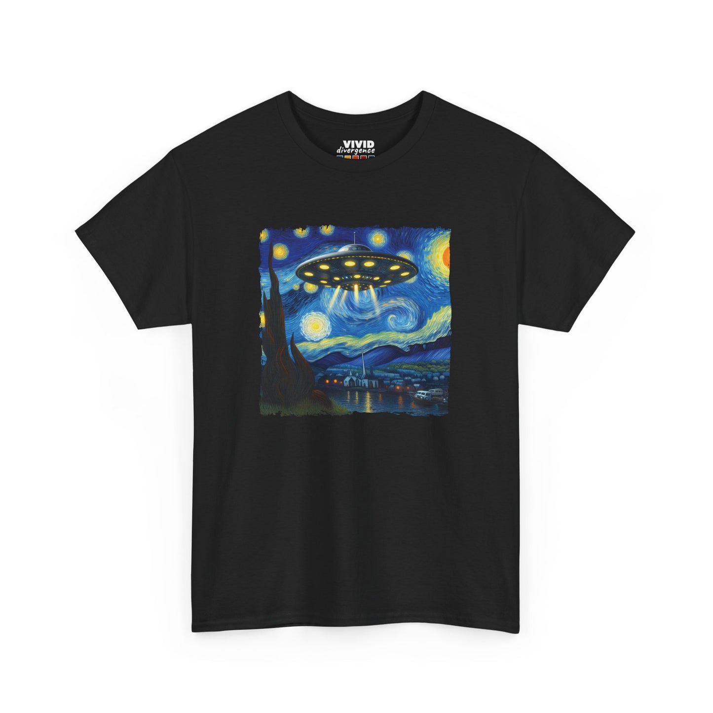 Front view of black T-shirt with Van Gogh Starry Night parody artwork featuring a hovering UFO above a starry landscape. Surreal and sci-fi. Part of the Vivid Divergence Memewear Collection!

