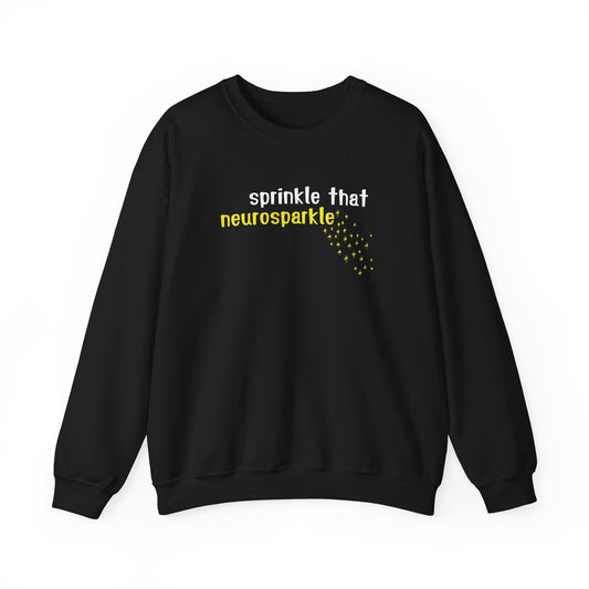 Sweatshirt in black with Shine Your Neurosparkle written on it with stars. This jumper or sweater perfectly celebrates your own neurodivergence, or your loved ones who are neuro sparkly in a simple, classy and sleek way.  A great gift for your ADHD, Autistic and Neurodivergent friends and loved ones. Part of the Vivid Divergence Range. 