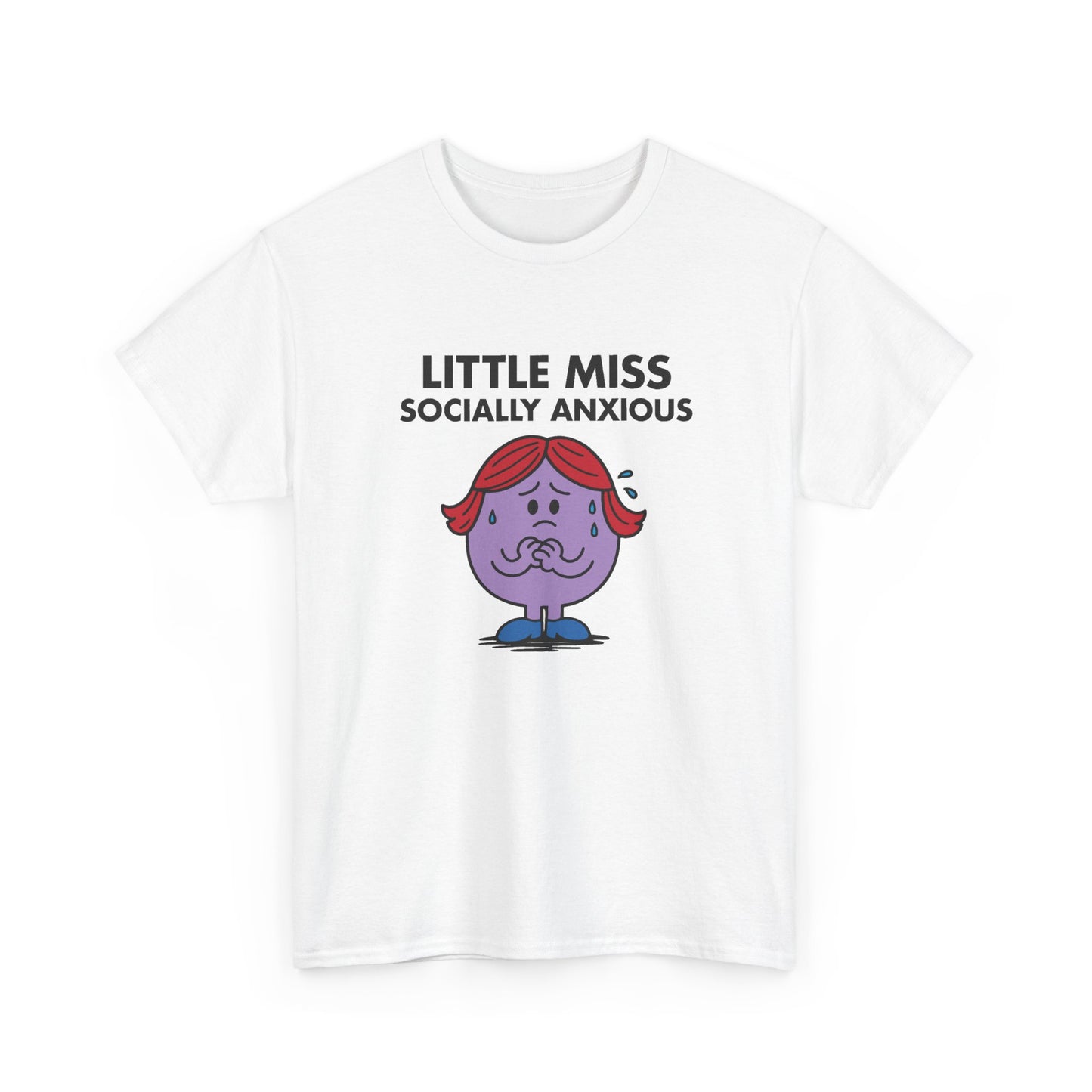 Front view of a white T-shirt featuring the Little Miss Socially Anxious cartoon graphic. Part of the Little Miss Meme Character Collection. A Vivid Divergence Sensory Friendly Unisex Tee.
