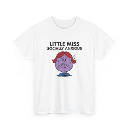 Front view of a white T-shirt featuring the Little Miss Socially Anxious cartoon graphic. Part of the Little Miss Meme Character Collection. A Vivid Divergence Sensory Friendly Unisex Tee.
