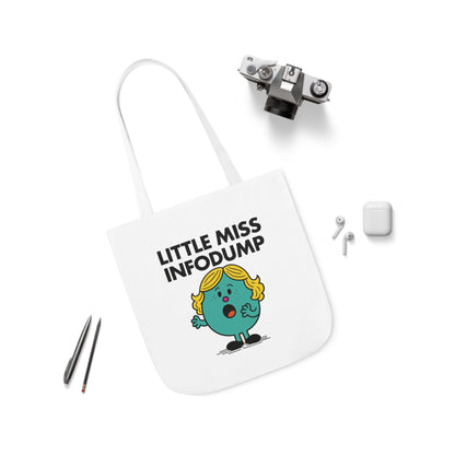 Flat lay of tote bag with Little Miss Infodump surrounded by everyday accessories. She came for coffee, stayed to explain the history of fonts. Part of the Vivid Divergence Little Miss Meme Collection!
