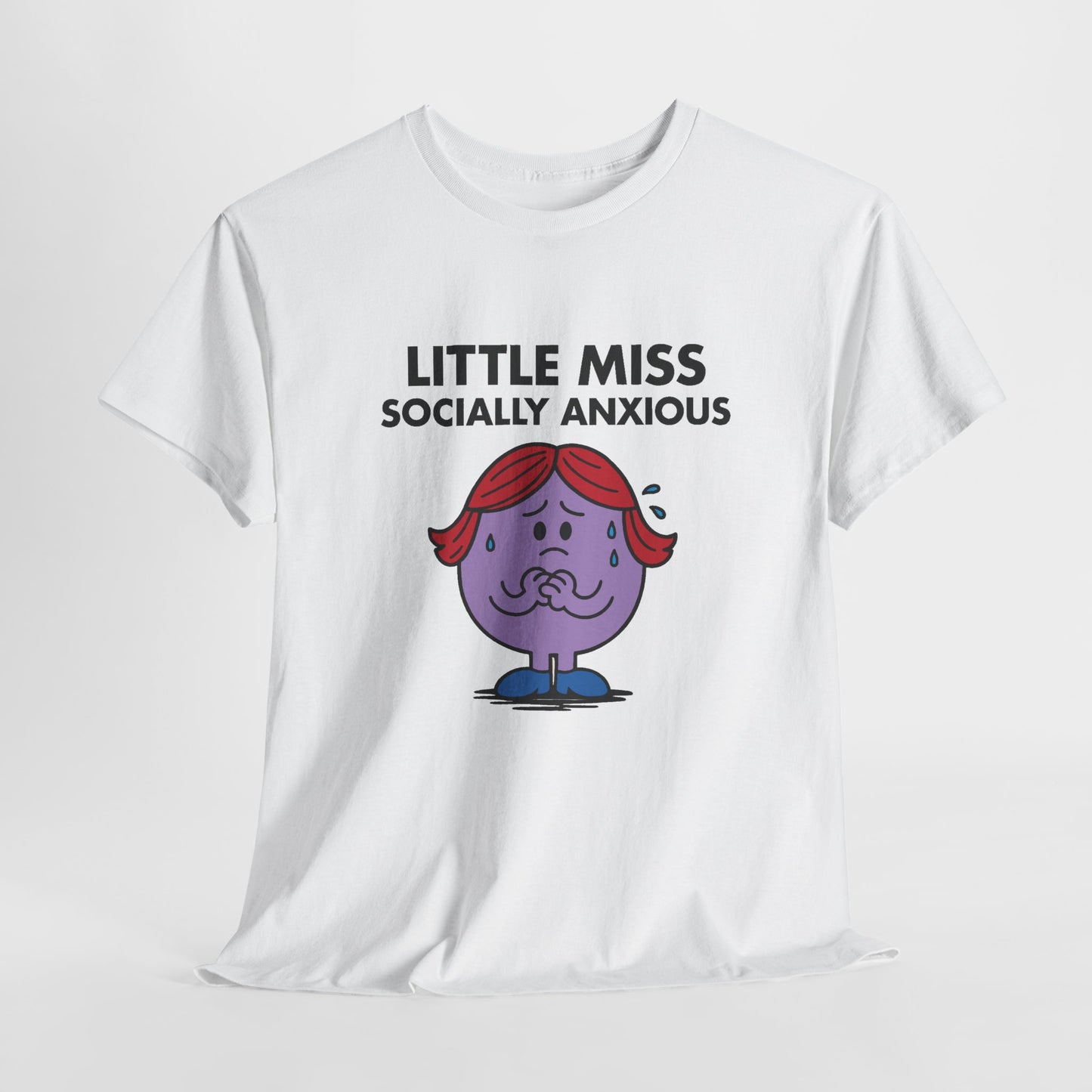 White Little Miss Socially Anxious T-shirt laid flat to highlight the full design. Part of the Little Miss Meme Character Collection. A Vivid Divergence Sensory Friendly Unisex Tee.
