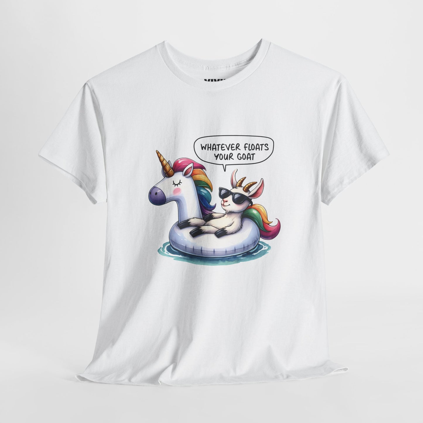 Angled view of meme T-shirt showing relaxed cartoon goat in a floatie with bold text "Whatever floats your goat." A vibe and a lifestyle. Part of the Vivid Divergence Memewear Collection!
