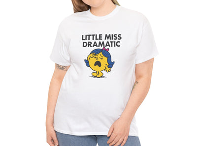 Person wearing the Little Miss Dramatic T-shirt with blue jeans. Part of the Little Miss Meme Character Collection. A Vivid Divergence Sensory Friendly Unisex Tee.
