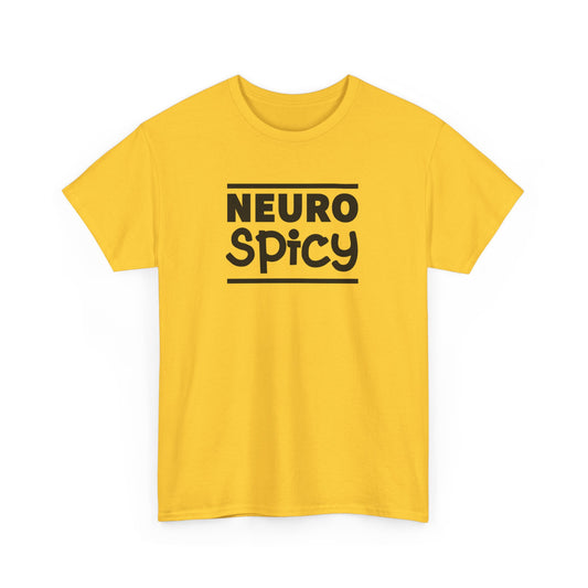 Daisy Yellow T-Shirt with Neurospicy written on it. This shirt perfectly celebrates your own neurodivergence, or your loved ones who are neuro sparkly in a simple, classy and sleek way.  A great gift for your ADHD, Autistic and Neurodivergent friends and loved ones. Part of the Vivid Divergence Range.