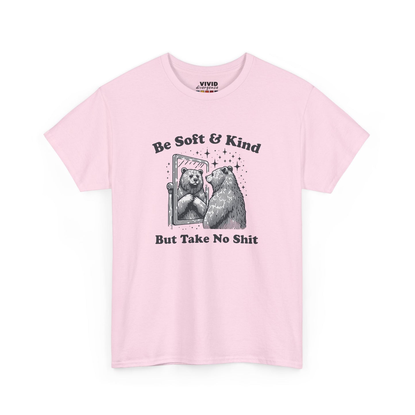 Pink T-shirt with strong bear graphic and bold self-worth energy. She’s a hugger — with claws. Part of the Vivid Divergence Memewear Collection!

