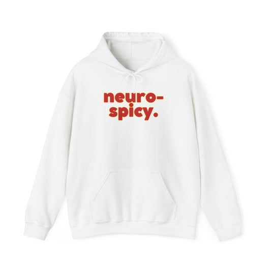Hoodie in white with Neurospicy written in red writing with yellow outline. This hooded sweatshirt perfectly celebrates your own neurodivergence, or your loved ones who are neuro spicy in a simple, classy and sleek way.  A great gift for your ADHD, Autistic and Neurodivergent friends and loved ones. Part of the Vivid Divergence Range. 