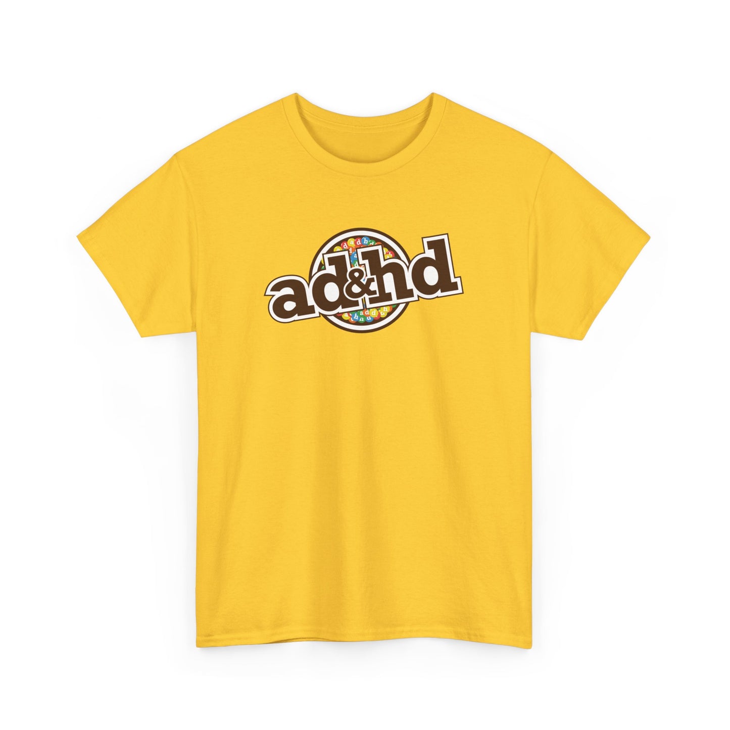 ADHD m&m Brand Parody T-Shirt in Daisy Yellow. Part of the Vivid Divergence Range. Everyday Products That Celebrate Your Neurospicy.