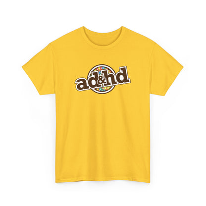 ADHD m&m Brand Parody T-Shirt in Daisy Yellow. Part of the Vivid Divergence Range. Everyday Products That Celebrate Your Neurospicy.