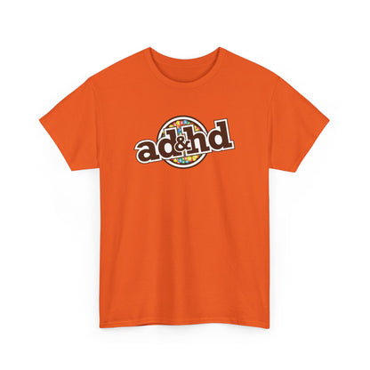 ADHD m&m Brand Parody T-Shirt in Orange. Part of the Vivid Divergence Range. Everyday Products That Celebrate Your Neurospicy.