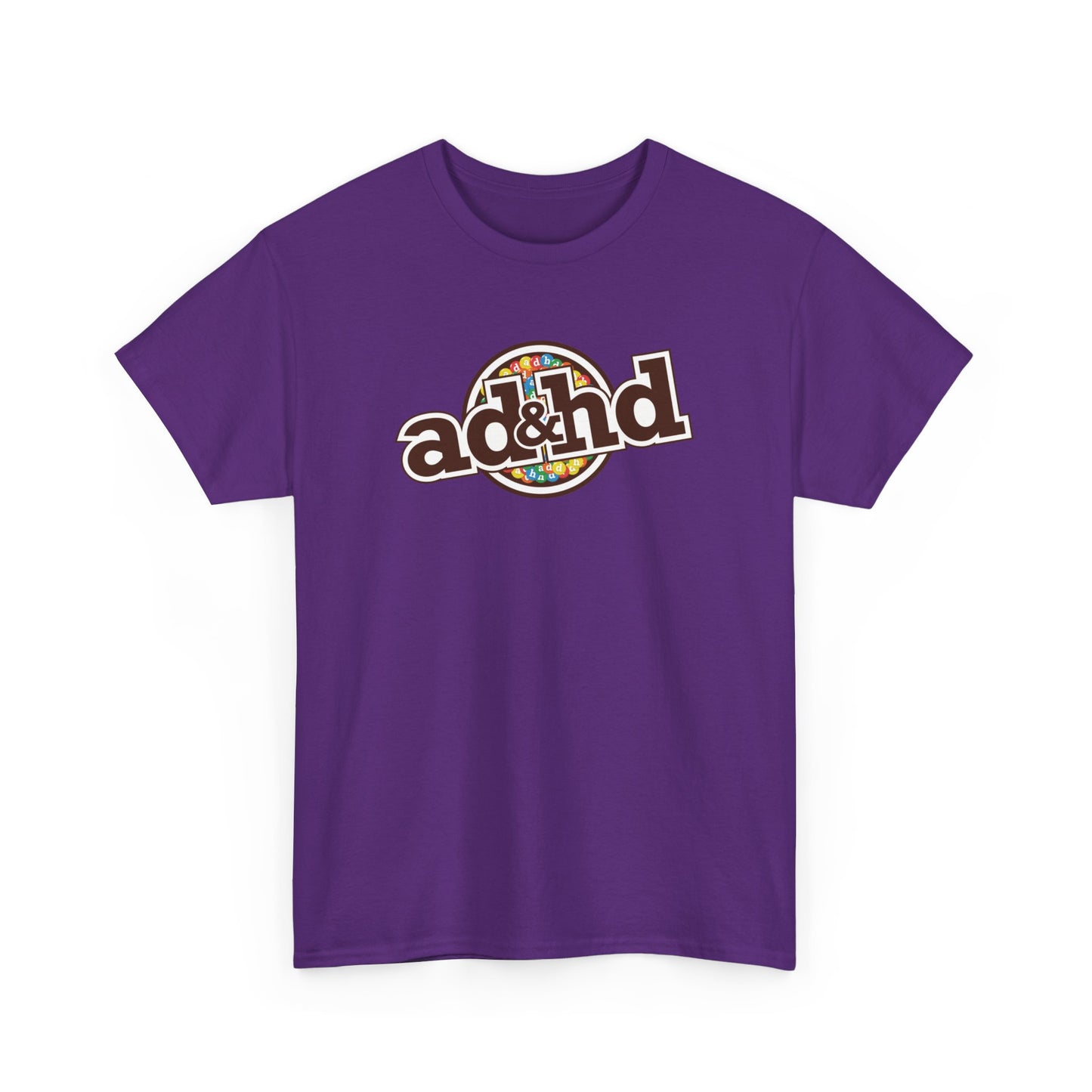ADHD m&m Brand Parody T-Shirt in Purple. Part of the Vivid Divergence Range. Everyday Products That Celebrate Your Neurospicy.