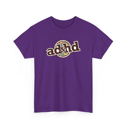 ADHD m&m Brand Parody T-Shirt in Purple. Part of the Vivid Divergence Range. Everyday Products That Celebrate Your Neurospicy.