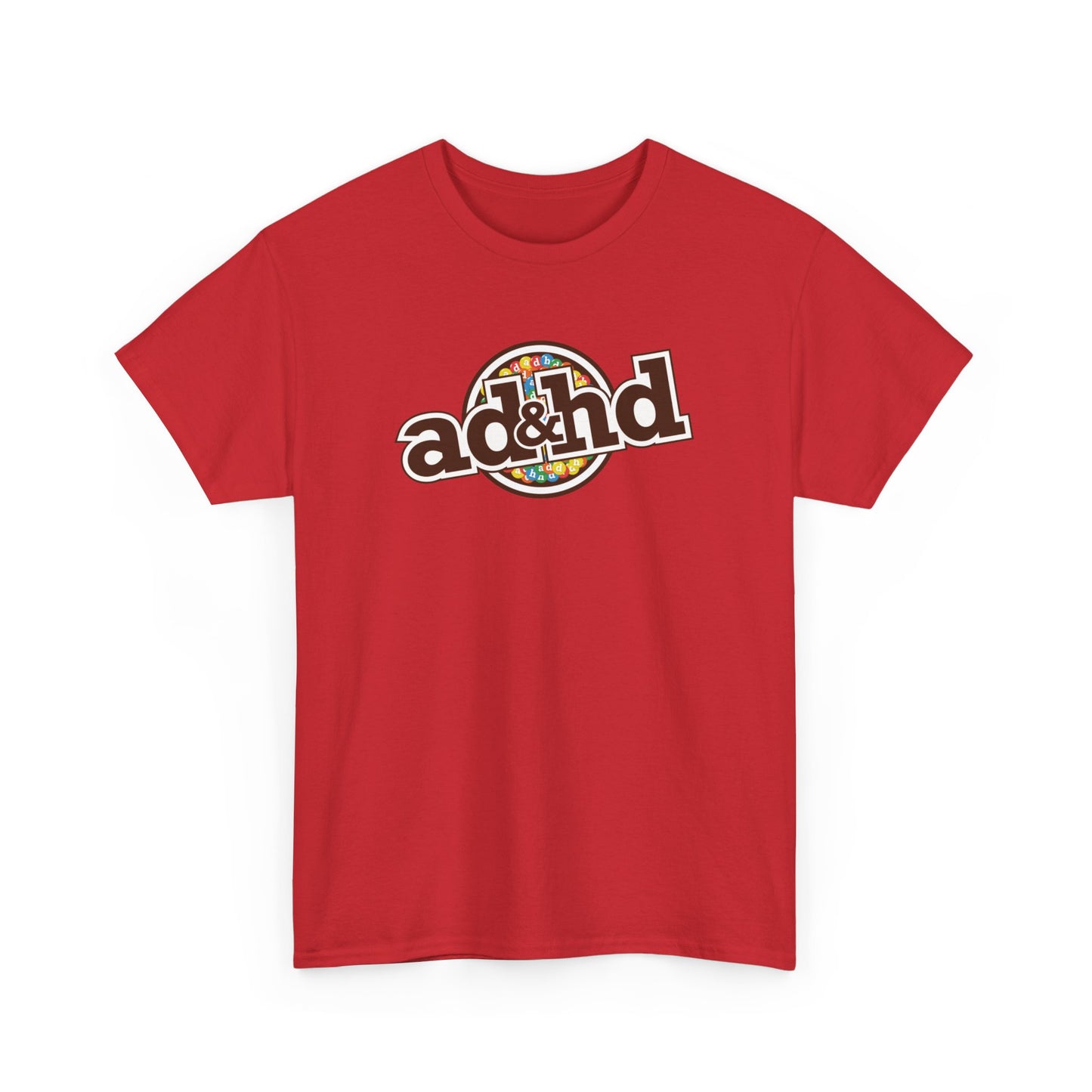 ADHD m&m Brand Parody T-Shirt in Red. Part of the Vivid Divergence Range. Everyday Products That Celebrate Your Neurospicy.