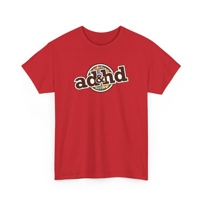 ADHD m&m Brand Parody T-Shirt in Red. Part of the Vivid Divergence Range. Everyday Products That Celebrate Your Neurospicy.