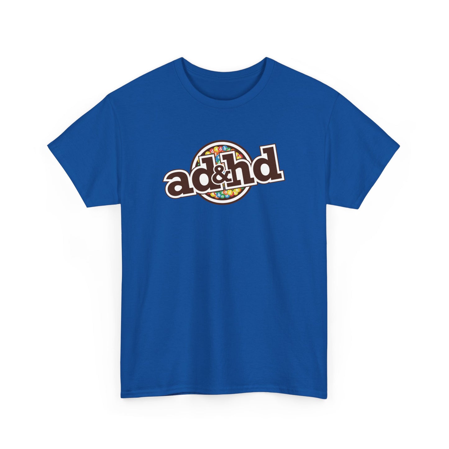 ADHD m&m Brand Parody T-Shirt in Royal Blue. Part of the Vivid Divergence Range. Everyday Products That Celebrate Your Neurospicy.